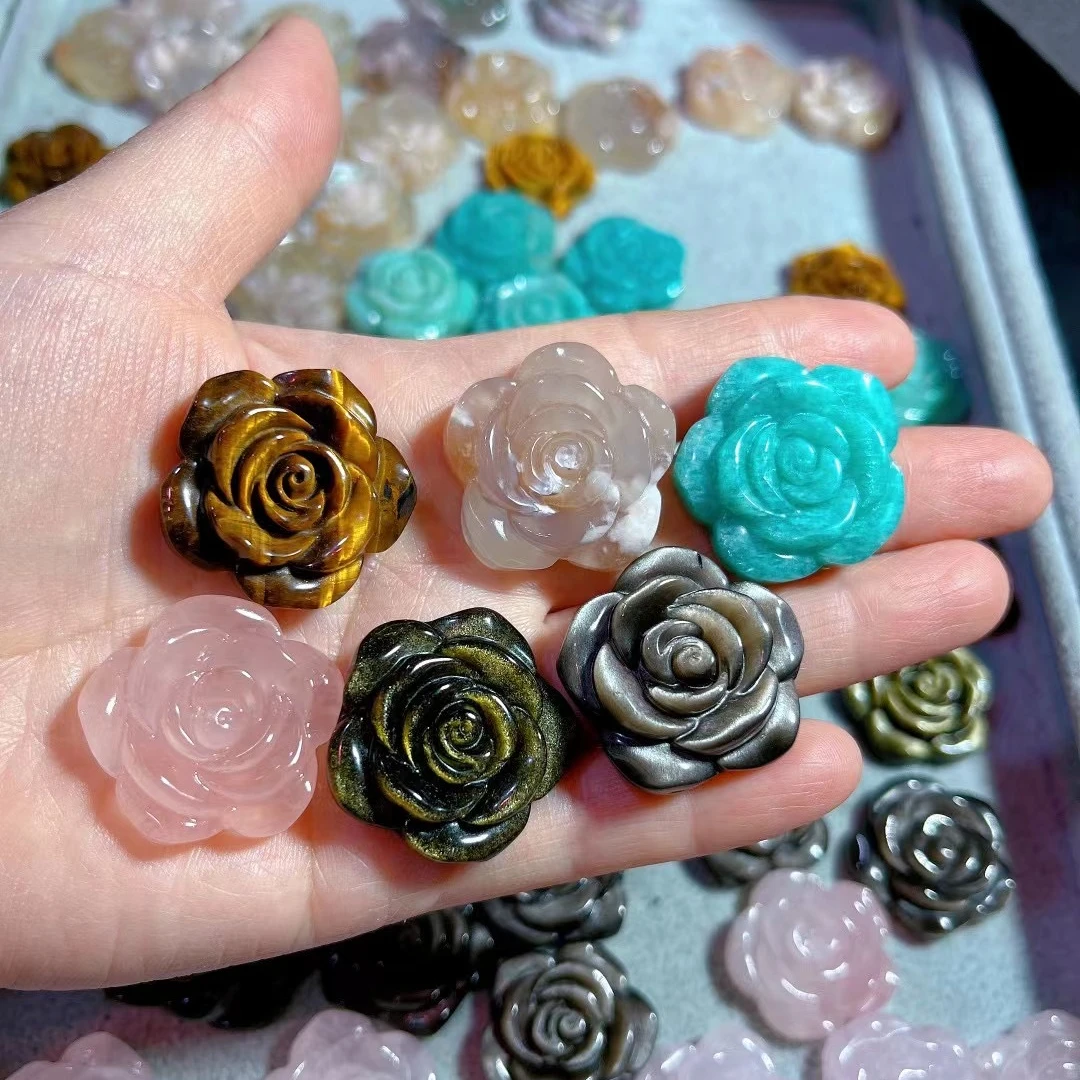 3CM Natural crystal healing pink blue tiger eyes crystal flower carving reiki amethyst Flower for gifts