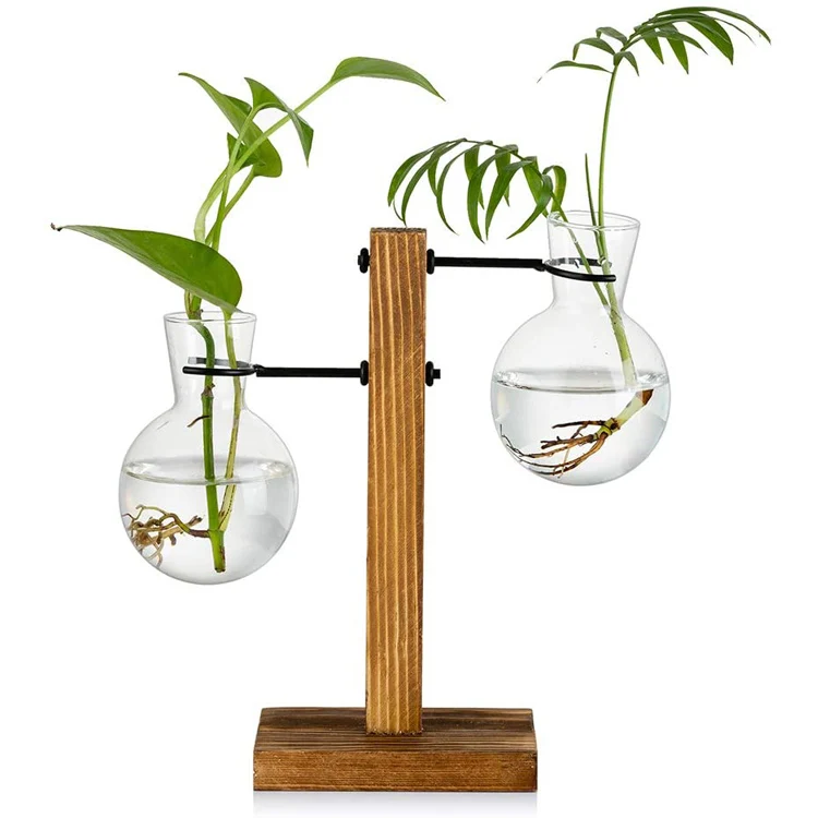 2 bulbs vintage frame glass wooden test tube vase for home interior decoration