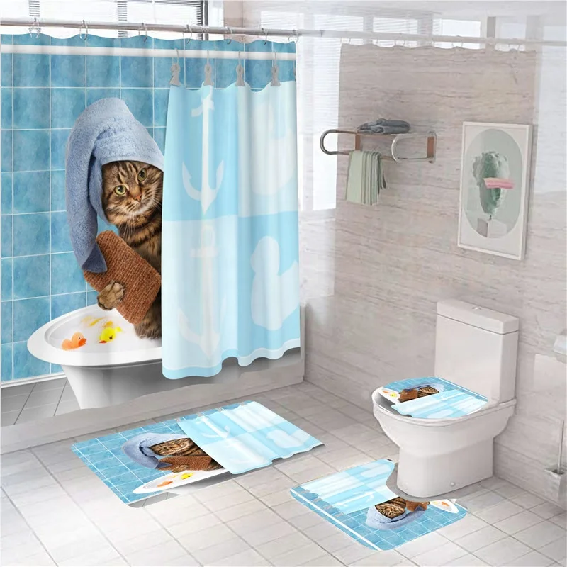 
3D Cute Cat Print Shower Curtain Bathroom Waterproof Curtains with Mats Carpet Free Hooks 