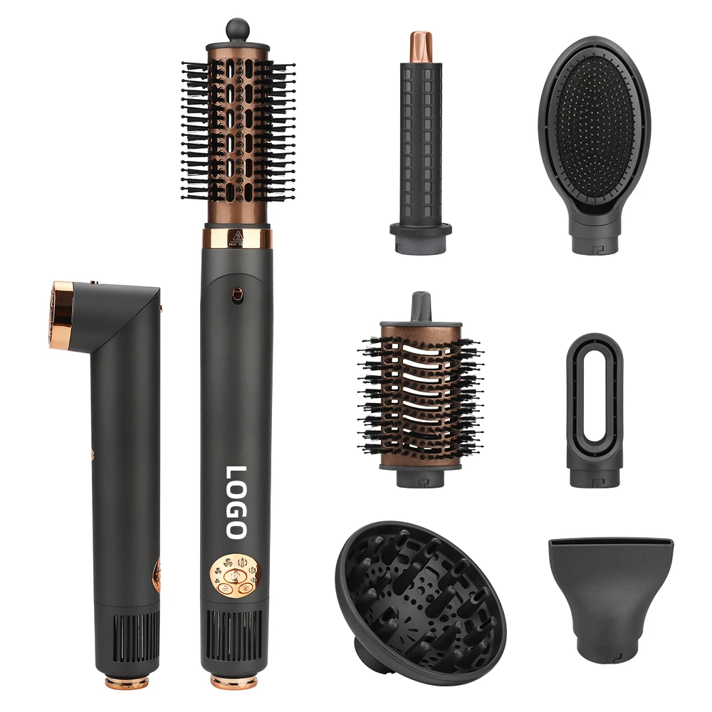 OEM Custom High Speed Negative Ionic Hair Dryer 7 in 1 Hot Air Brush with Auto Curlers Volumizing Combing Hair Styler
