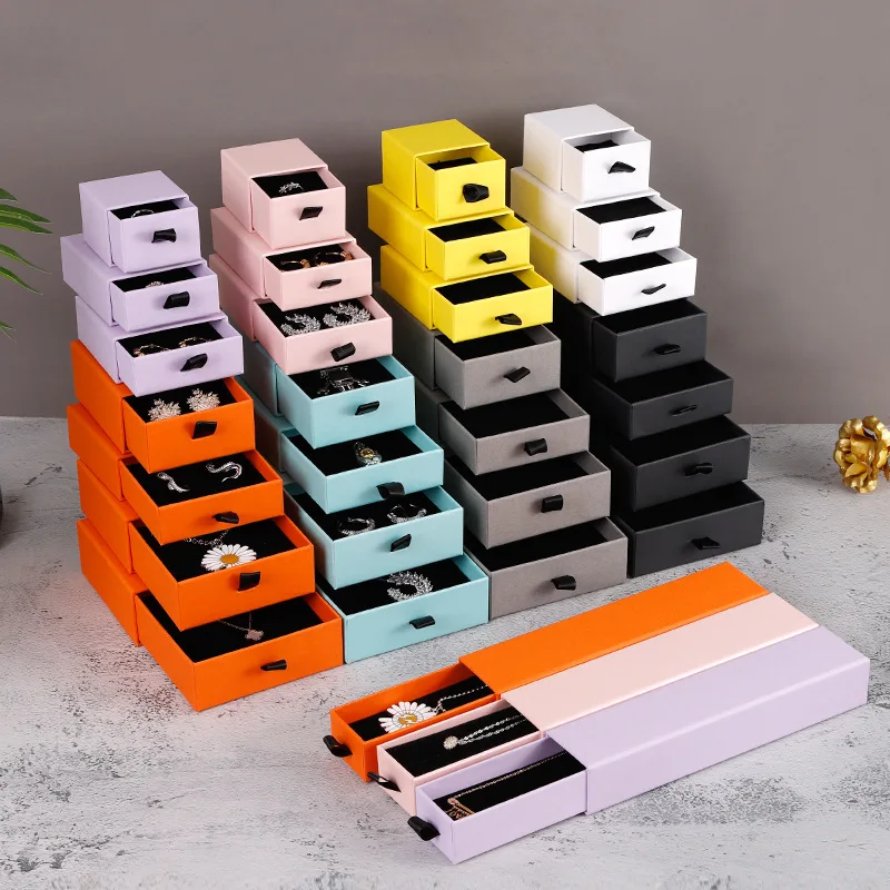 Custom Logo Cardboard Jewelry Gift Bag Necklace Drawing Box Package Slide Drawer Paper Box With Black Foam For Jewelry Packaging