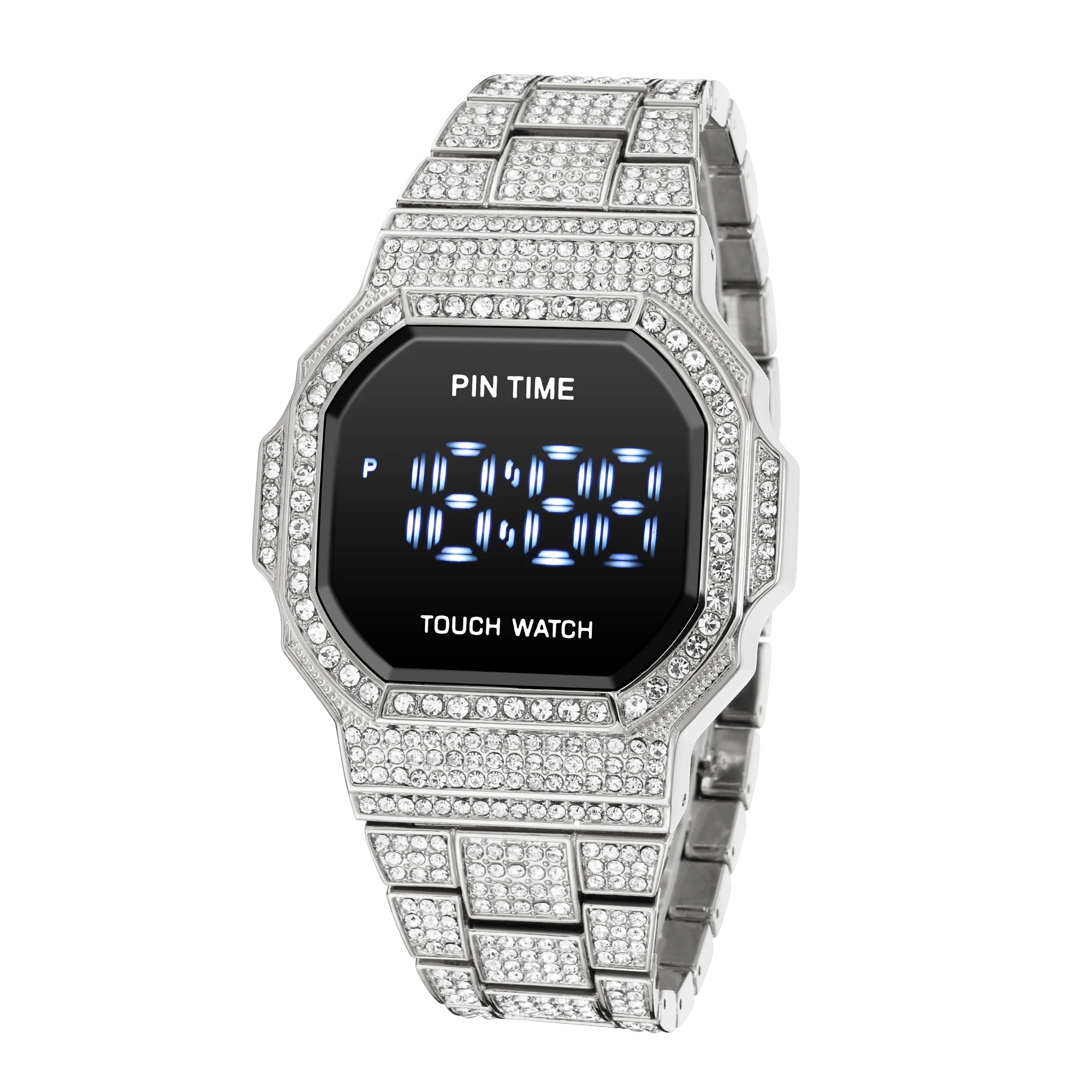 PINTIME 2021 new arrival metal band diamond touch screen led watch men sport stainless steel back sports watch led touch screen