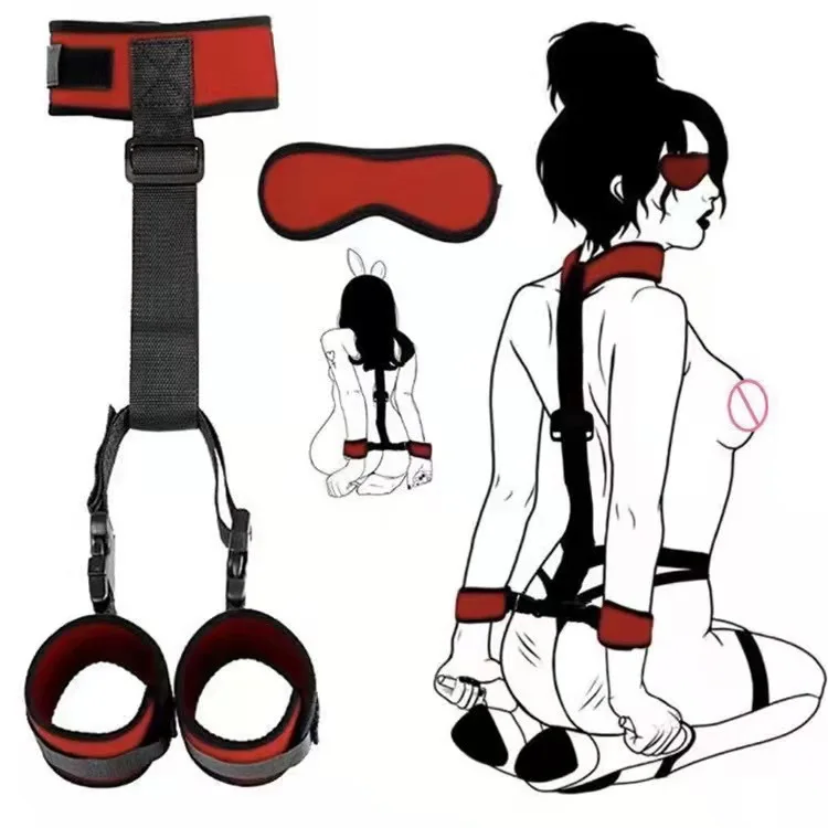 Nylon Straps Fetish back neck to wrist restraint cuffs Couple Punishment Equipment Gear blindfold and handcuffs bondage set