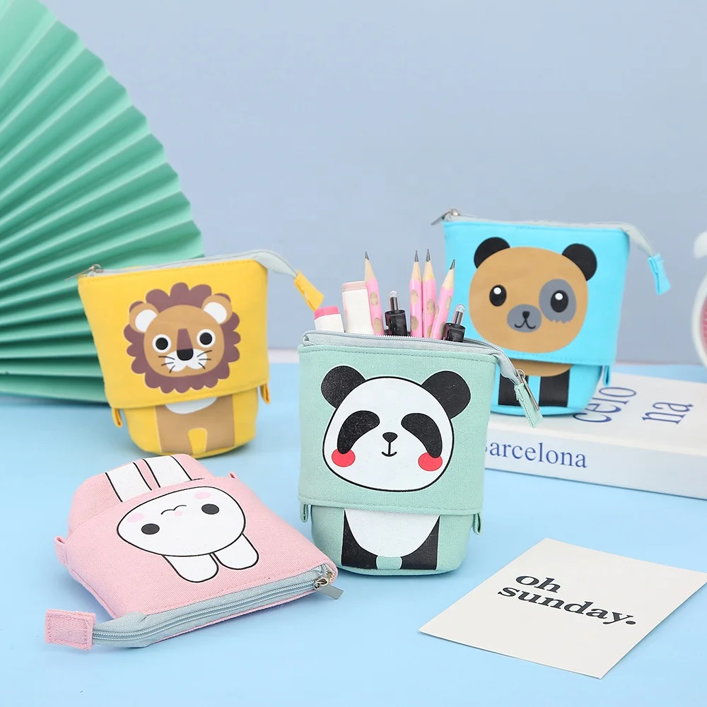 School kids cartoon animal design foldable canvas zipper cute pencil case
