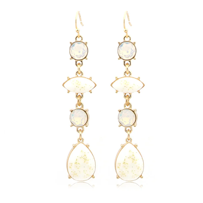 V&R Fashion Crystal earring jewelry white opal rhinestone cream resin stone gold glitter gold plated Tear drop earrings