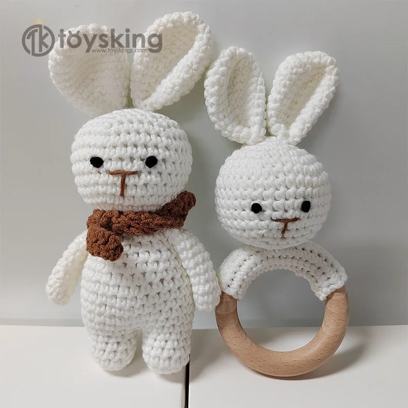 Manufacturer Low Moq Handmade Crochet Elephant Bunny Wooden Ring Teething Toy For Boys Girls