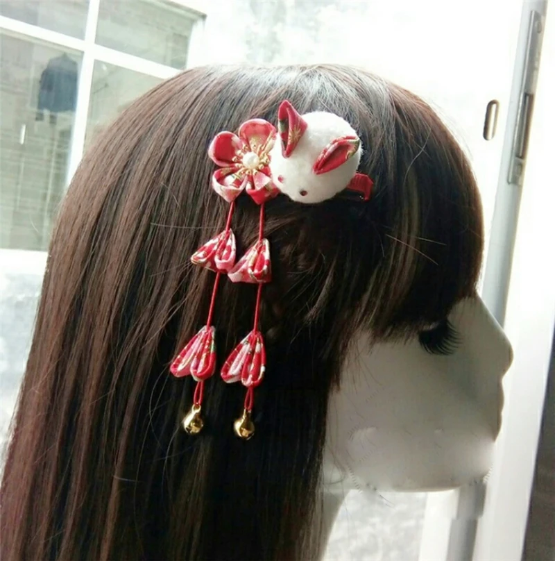 Заколка для волос в японском стиле Сакура, кролик, кисточка, 1 шт., заколка для волос, аксессуары для волос, Декор, реквизит для косплея, подарок для женщин и девочек