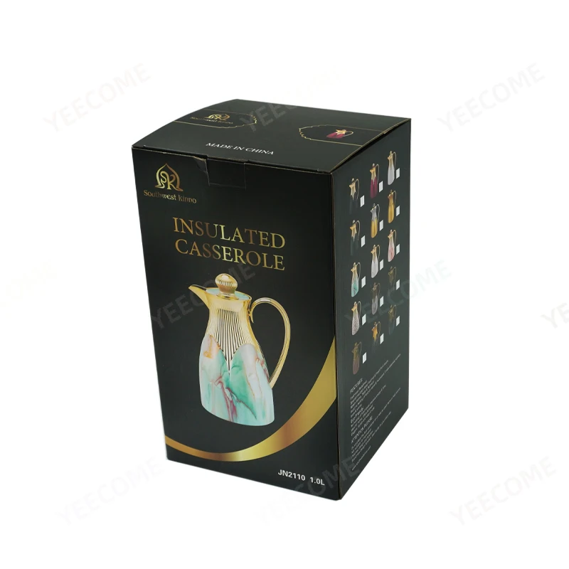 Custom Logo coffee pot glass  Keep Hot 24hrs gold plated coffee maker pot 1L marbling printing  thermos vacuum flask