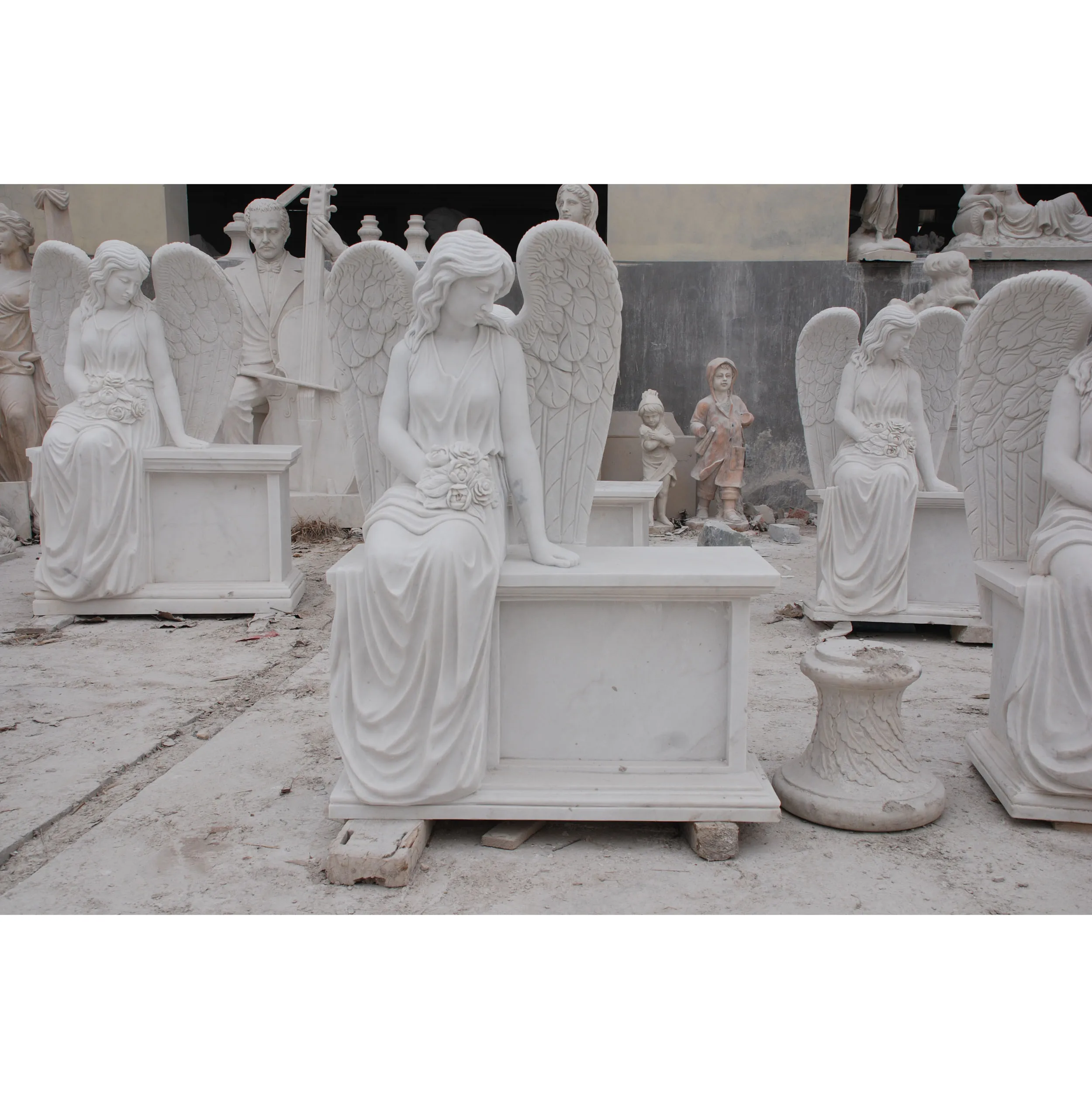 White Stone Sitting Angel Marble Cemetery Headstone Statue Sculpture Tombstone