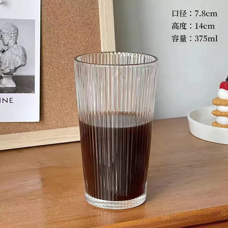 Hot Sale 350ml Transparent Bubble Tea Cup Simple Ribbed Vertical Stripes Glass Cup With Lid and Straw