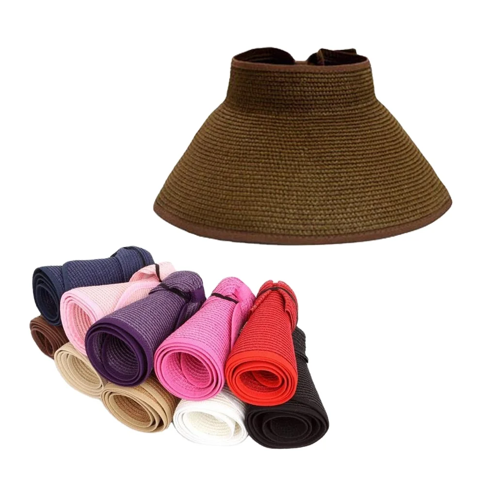 summer beach sun visor folding rollable empty top lady women hat paper straw hat custom logo