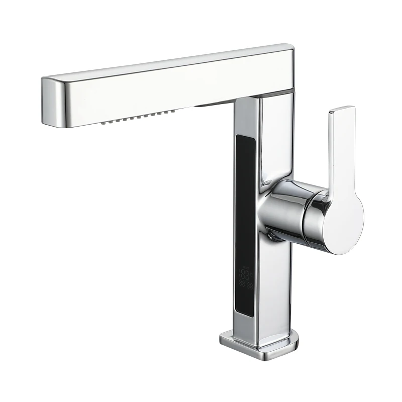Digital Temperature Display Chrome Color Deck Mounted Pull Out Spray Lavatory Sink Bathroom Basin Faucet Mixer Tap