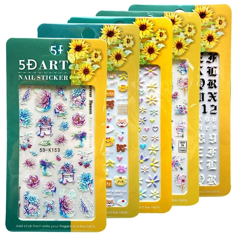 5D Vivid Relief Carved Flower Plant Lace Totems Heart Stars Adhesive Nail Art Stickers Decals Manicure