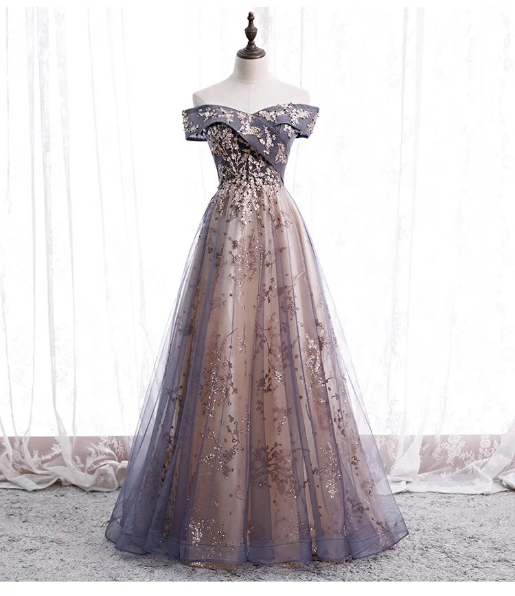 Off shoulder temperament evening dress thin lady banquet mesh applique women party lace wear long embroidered princess dress