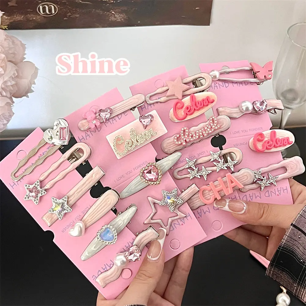 YANYE 5PCS/PACK Set Y2K Cute Metal Pink Spicy Girl Letter Luxury Brand Letter Set Hair Accessories Hairpin Hair Clip