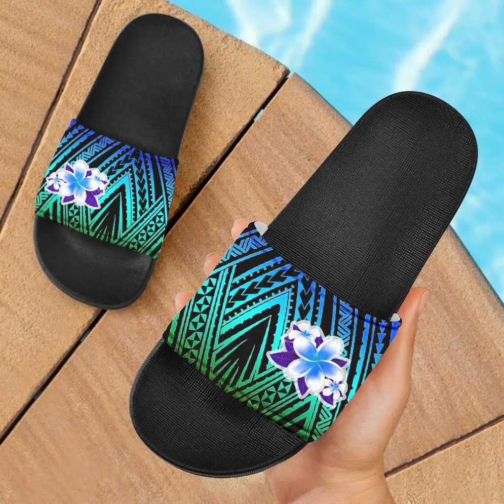 Polynesian Tribal Design Hawaiian Flowers Plumeria Print Beach Slippers Fashion Women Slides Sandals Soft Eva Black Sloes Shoes