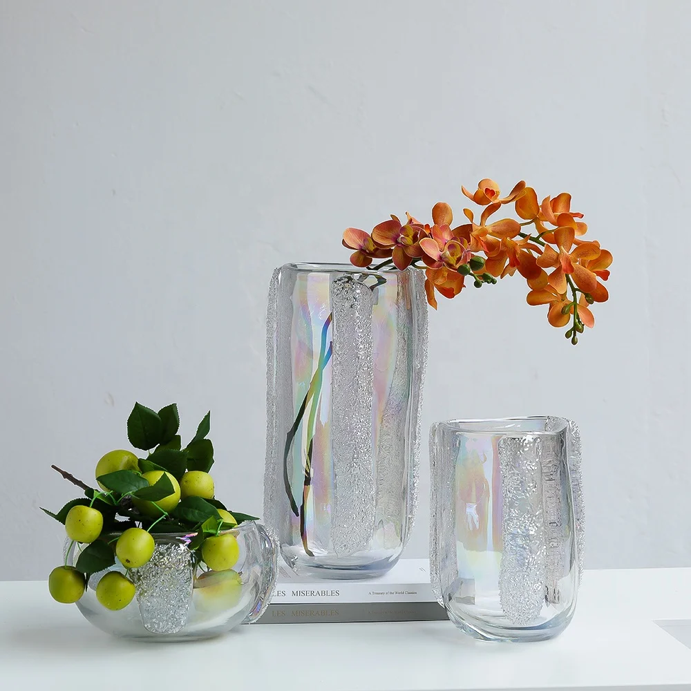 Bixuan Handblown Clear Glass Vase with Pearl Luster and Embossed Sprays Design Home Decor Table Centerpiece Thick Heavy Vases
