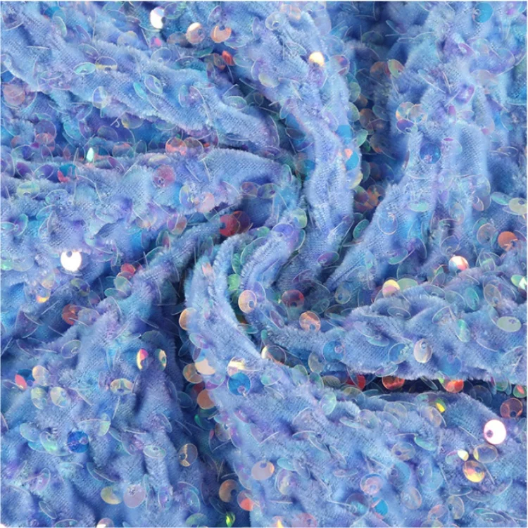 In Stock 37 colors 5mm large Shiny Multi-color Holographic 100Polyester Stretch Embroidered Sequin Velvet Fabric for Dress