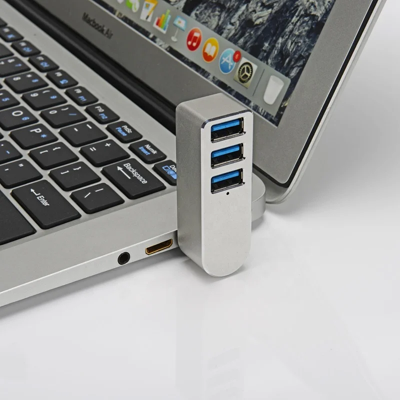 Gray 3 Port Factory hot sale  Aluminum Mini High Speed 180 degree rotation usb 3.0  Hub adapter for Mac PC