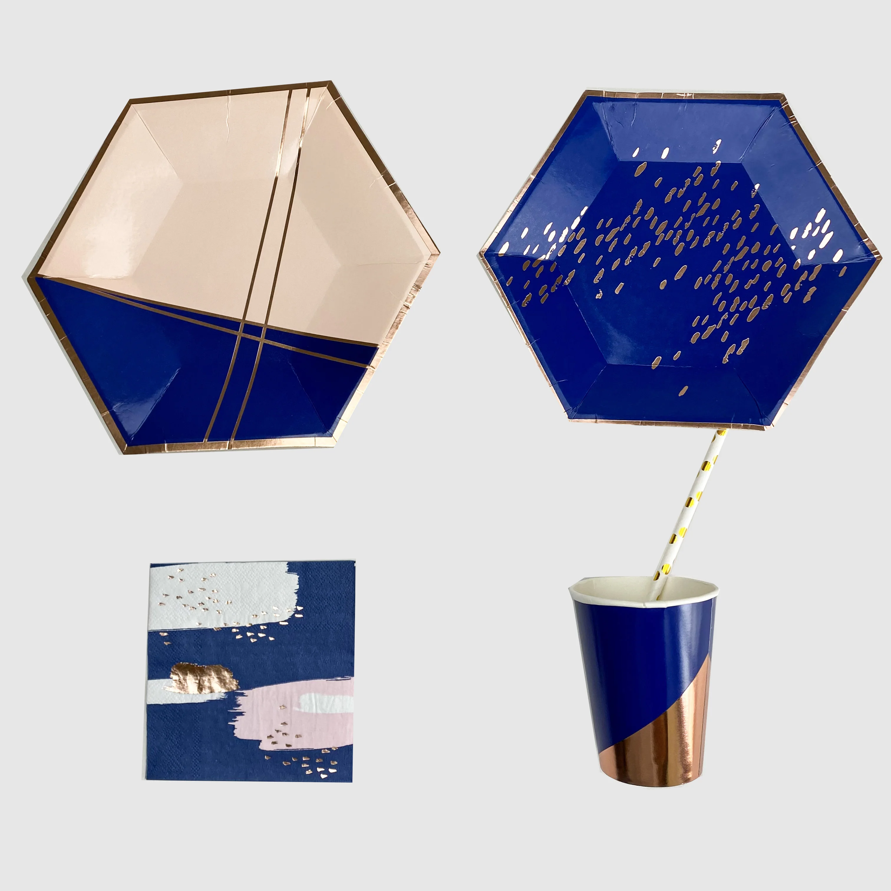 Hexagon Factory Custom Party Supplies Disposable Gold Foil Noble Blue Party Decor Eco-friendly for Tea Party Decorations