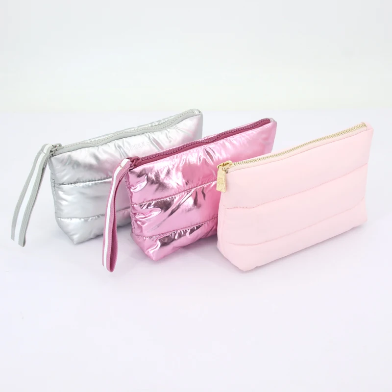 Custom Puffer Padded Quilted Nylon Black Cosmetic Makeup Make Up Toiletry Beauty Skincare Pouch Bag