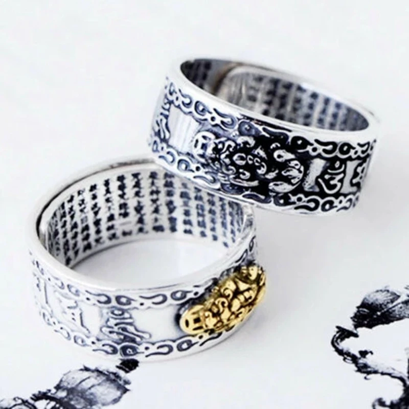  Pixiu Charms Ring Bracelet Set Chinese Feng Shui Amulet Bring Wealth and Lucky Open Adjustable Buddha Bead