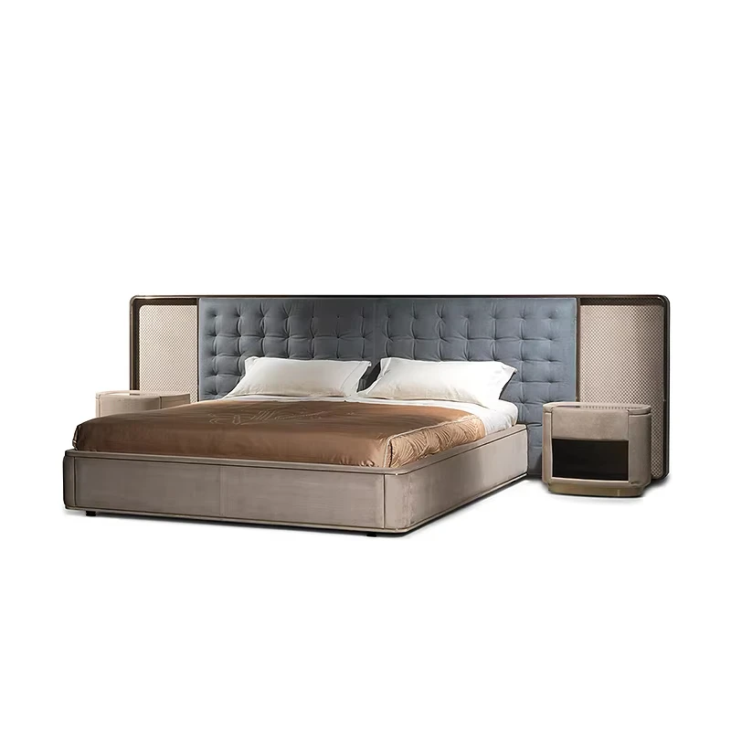 Furnistyle High End Bedroom Furniture Set Soft Bed Headboard With Bedside Table Modern Genuine Leather Beds Luxury King Size