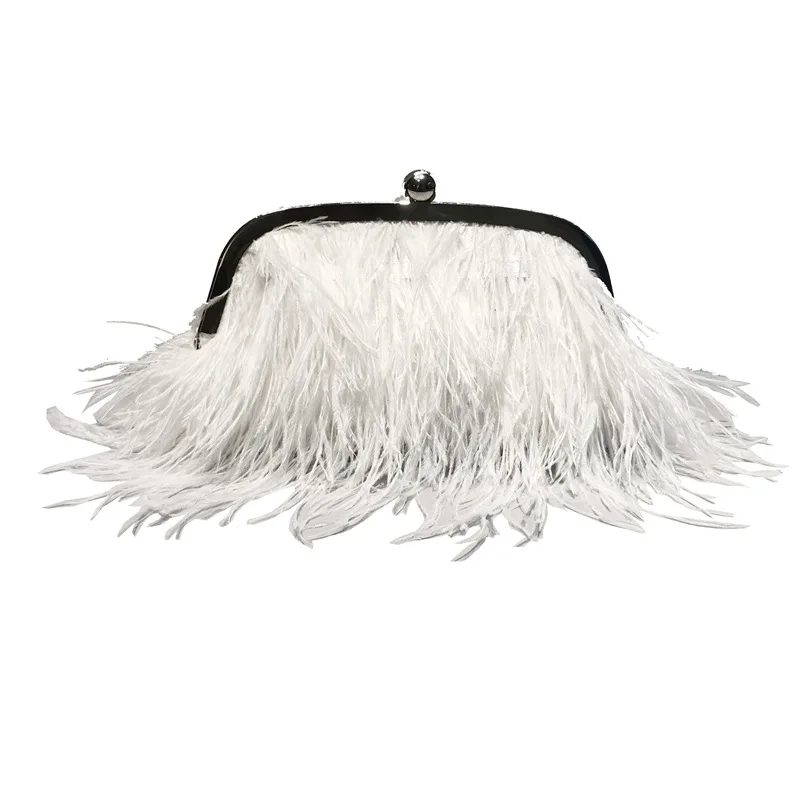 2024 Turkey Feather Pearl Chain Crossbody Shoulder Bag Ostrich Fur Clutch Dress for Women