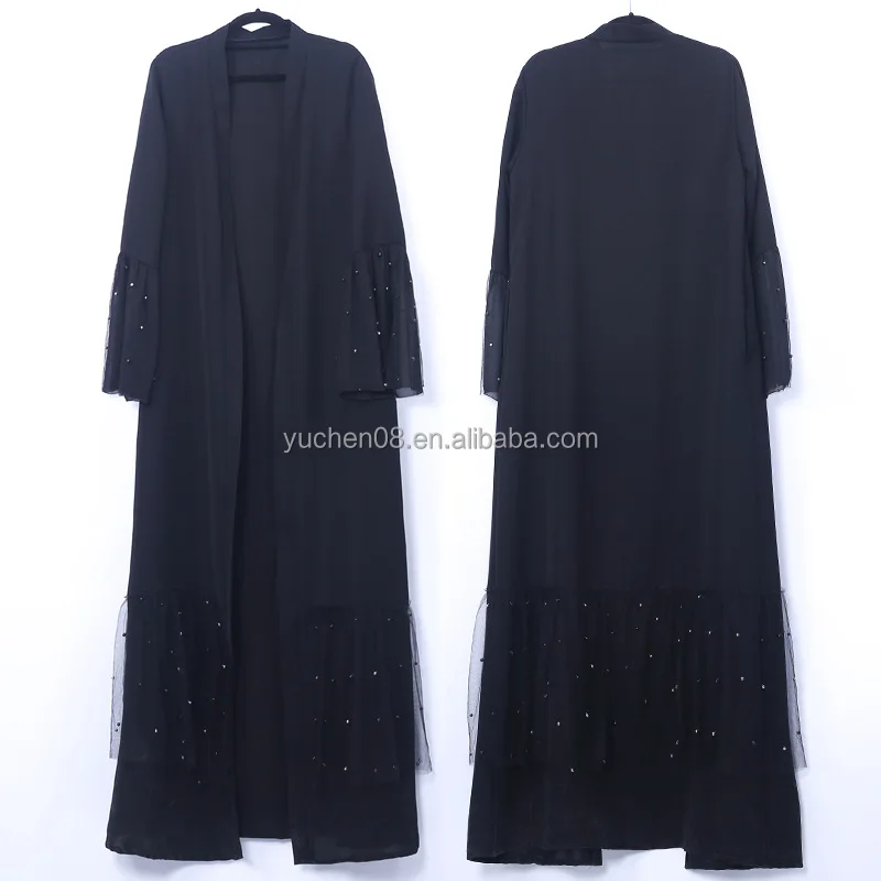 New trumpet sleeve soild black chiffon fabric plain black with  pearl  kimono islamic abaya