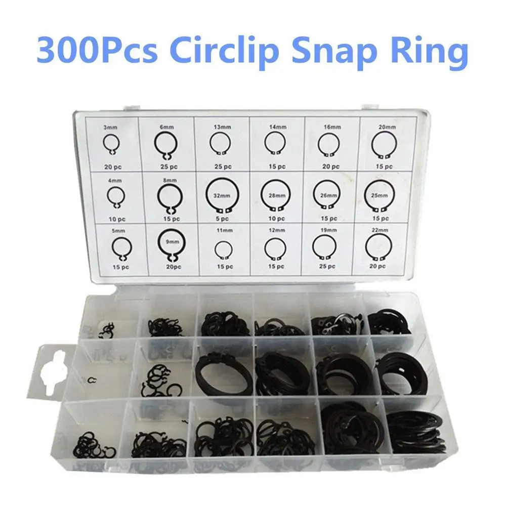 300Pcs/1 set Circlip Snap Ring C-Clip Assortment Car Kit 18 Sizes Black Retaining Ring