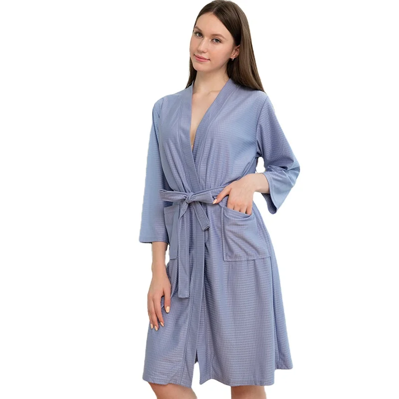unisex light polyester knee length Kimono Waffle Spa Bathrobe