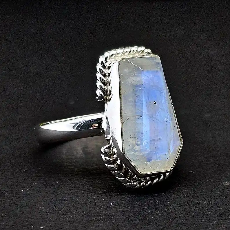Rainbow Moonstone Coffin Ring 925 Sterling Silver Ring Women Rainbow Moonstone  June Birthstone Ring Coffin Gemstone