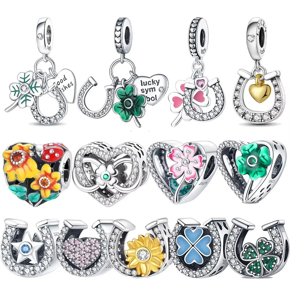 Fashion Real 925 Silver Zircon Charms Horseshoe Pendant Four Leaf Clover Lucky Charm Beads for Necklace Bracelet Making Jewelry