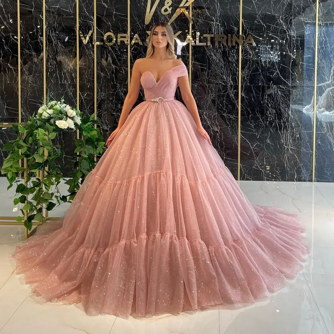 2022 new big swing dress pink irregular one shoulder mesh alibaba african wedding party dress for women