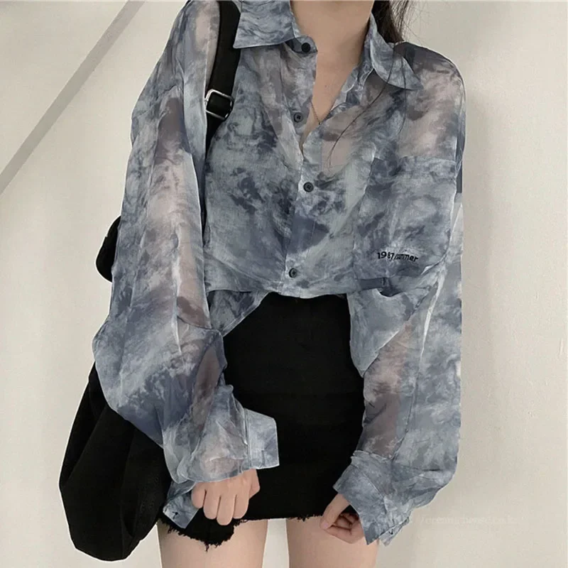 Women Tie Dye Shirts Long Sleeve 2024 Summer Thin Sun-proof Blouse Korean Fashion Ladies Loose Casual Tops Harajuku Streetwear
