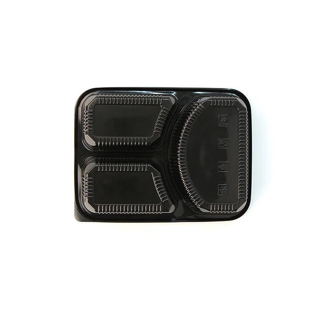 Eco Friendly Black Heavy Weight Microwave Disposable Food Bento Boxes Take Away 3 Compartment Lunch Boxes With Clear Lid
