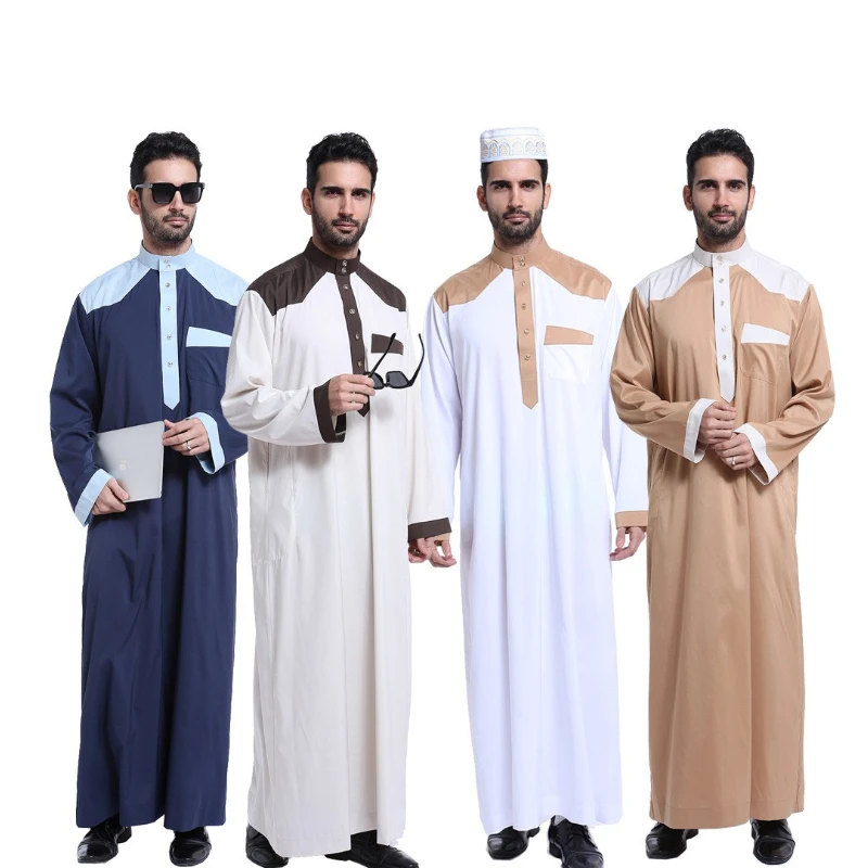 Men Islamic Arabic Kaftan Muslim Clothing Long Sleeve Patchwork Abaya Robes Fashion Saudi Arabia Dubai Mens Jubba Thobe
