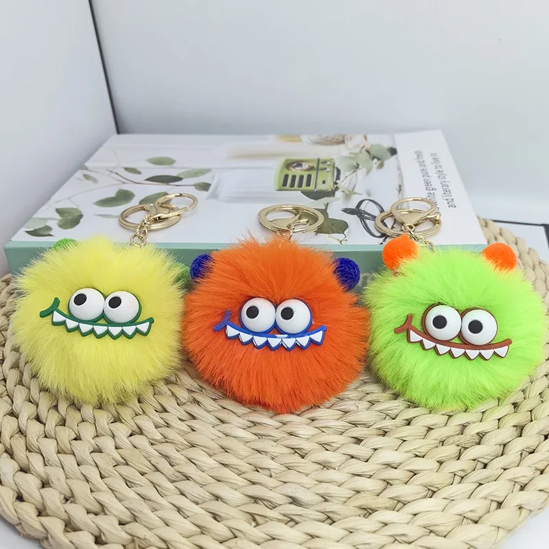 Cute Cartoon Plush Little Monster Keychain Pom Pom Key Ring Creative Plush Toy Doll Pendant Keychain For Key Bag Decoration