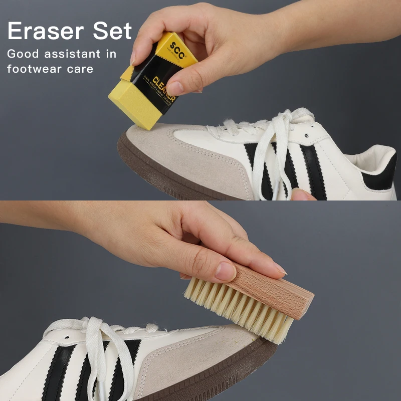 Factory Wholesale Custom Logo 2 In 1 Wooden Handle Sneaker Cleaning Brush Shoes Cleaner Brush With Suede Eraser