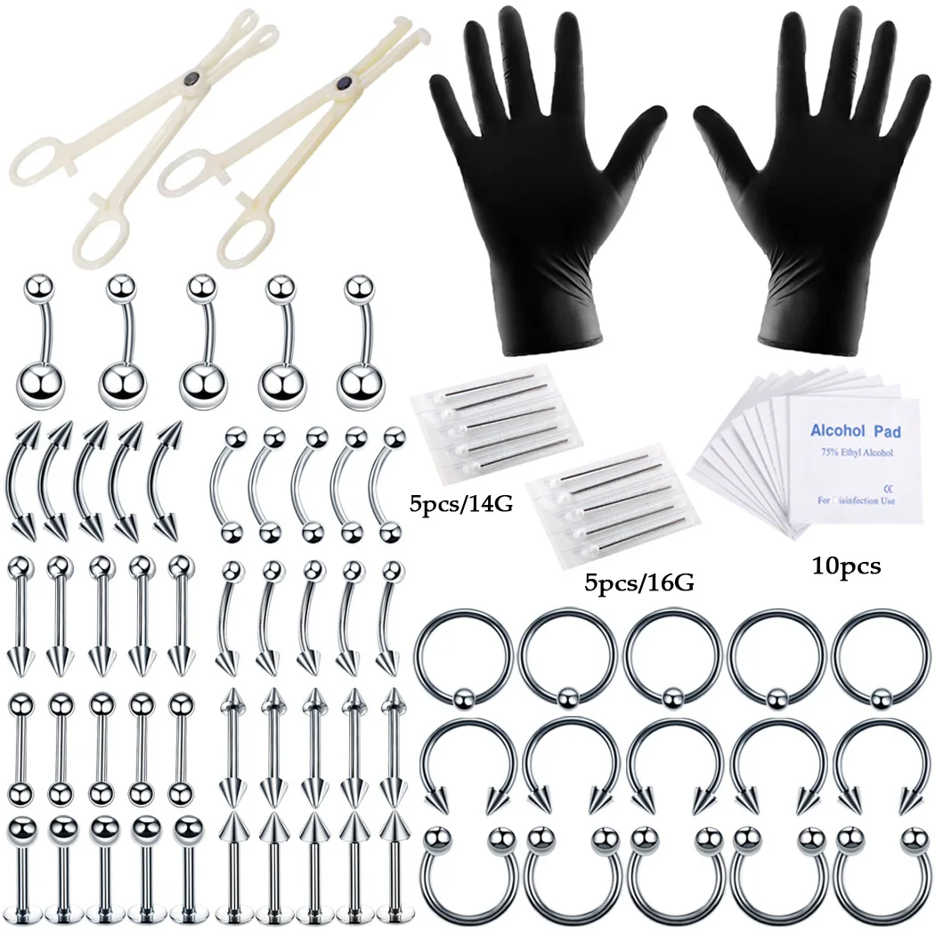 84pcs/set hot sale body piercing puncture kits with ear nose eyebrow sets pliers piercings clamp steel needles tool kit set