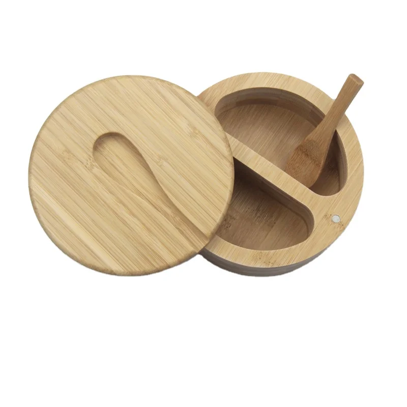 2022 New Double Grid Magnet Seasoning Salt Box Sugar Spice Containers Salt Pepper Bamboo Condiment Pot Box With Spoon