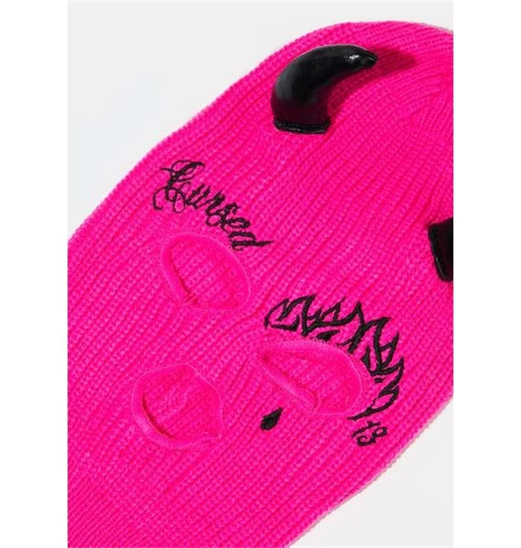 2022 Cursed Tattoos Baby Bad Girl Ghoul Pink Embroidered Knit Ski Mask Balaclava with Devil Horns