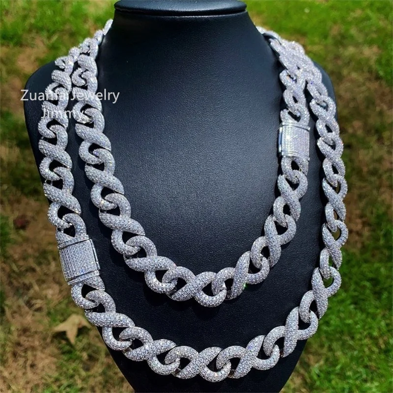 Fully Flooded Infinity Set 13mm Silver White Gold Plated VVS Moissanite Diamond Figaro Chain Necklace