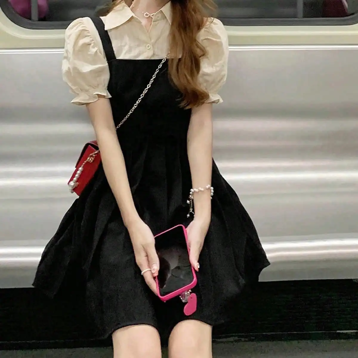 Women Korean Style Black Pleated Dress Women Casual Kawaii School Puff Sleeve Short Dresses Student Summer Sundress