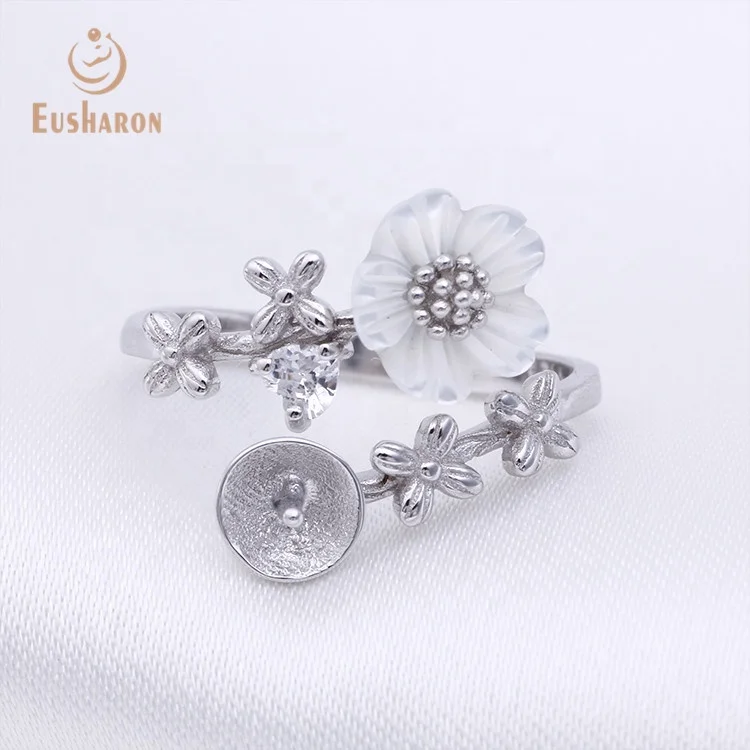 Pearl Party Natural Freshwater Pearl S925 Sterling Silver Adjustable Mount Flower Rings