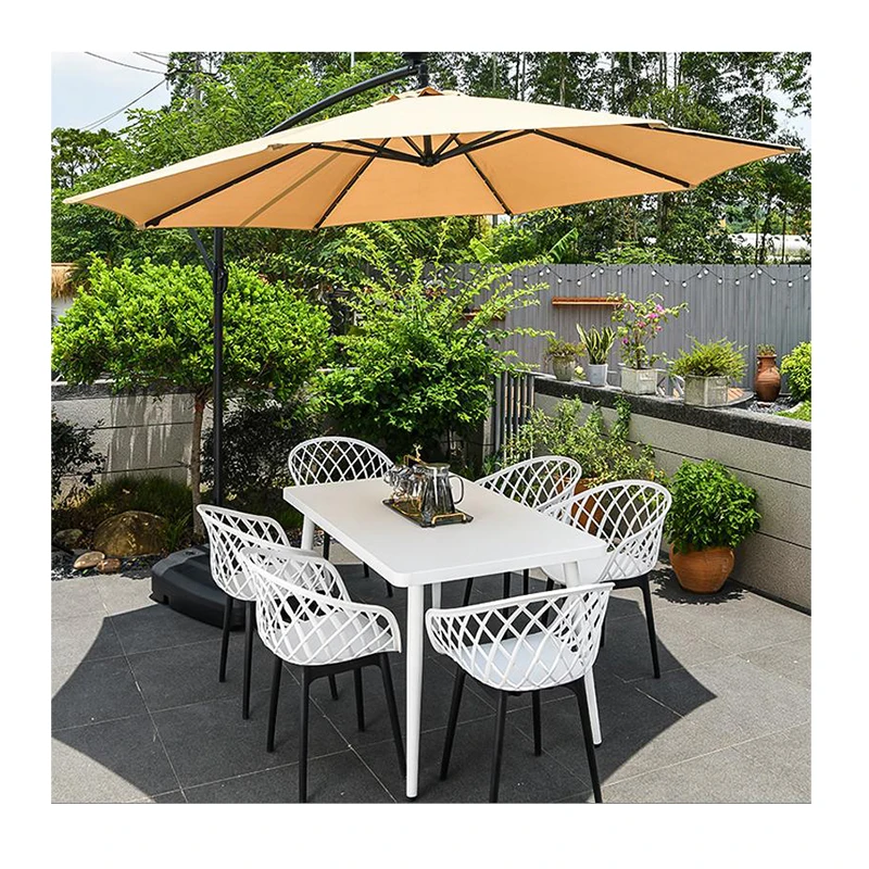 Nordic outdoor modern center hole square table with 4 stackable plastic chairs dining set with umbrella