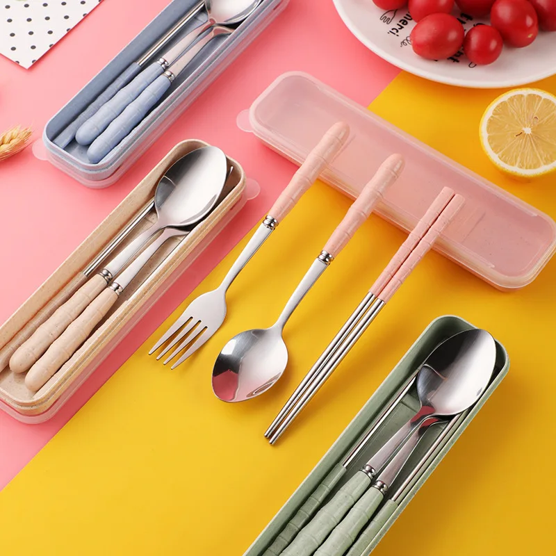 Portable tableware wheat straw stainless steel joint spoon Fork set including chopsticks travel set gift household Hotel