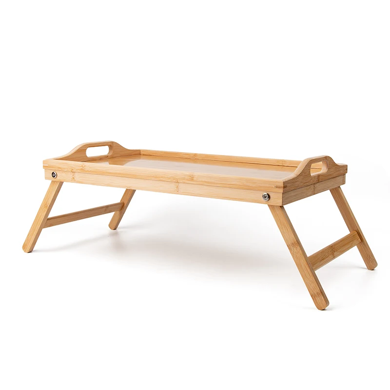 Top Sell Dual-use Nature Bamboo Wooden Handle Design Food Serving Trays Foldable Bed Table Tray with Standing Foot