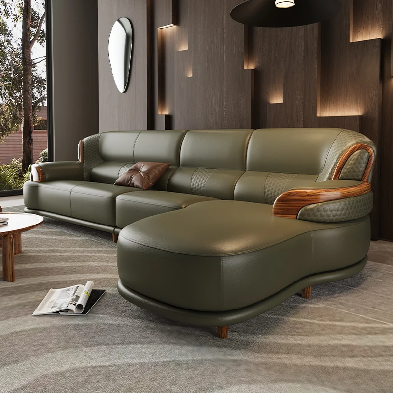 New Chinese style corner leather sofa solid wood living room small apartment modern sofa L Shaped combination furniture
