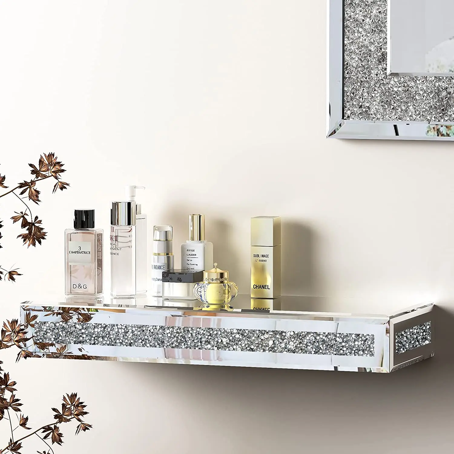 Modern Floating Wall Shelf Mirrored Decorative Wall Mounted Shelf Photo Frame Silver Mirror Shelf Display Ledge Trophy